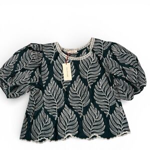 Solitaire Top Women’s XL Embroidered Leaf Puff Sleeves Bohemian Gypsy